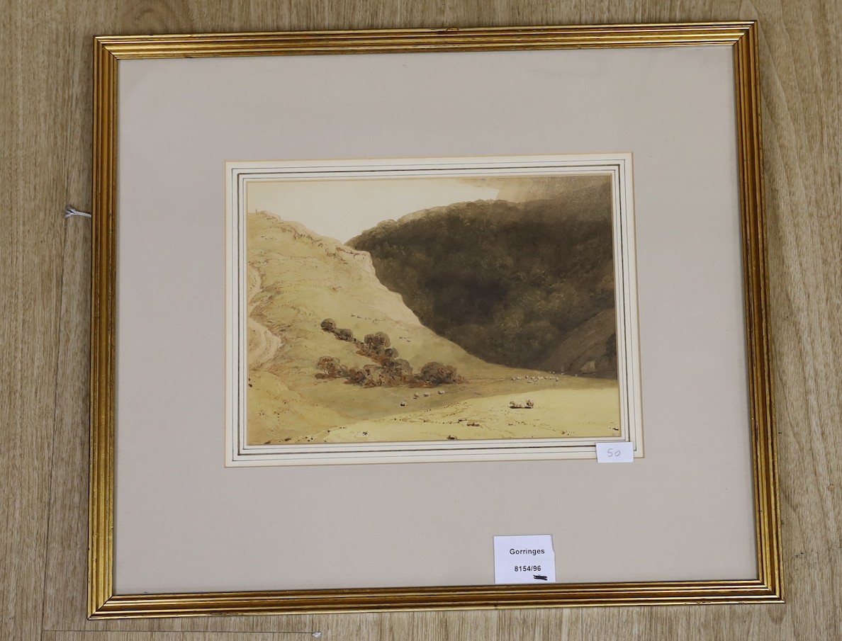 Richard Westall (1756-1836), watercolour, An open landscape with sheep and hills, initialled, 18 x 25cm